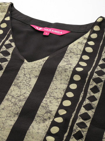 Varanga Grey And Black Stripe Printed Straight Kurta Paired With Solid Black Bottom And Printed Dupatta